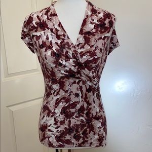 Ann Taylor Burgundy and Cream Abstract Wrap-Front Top